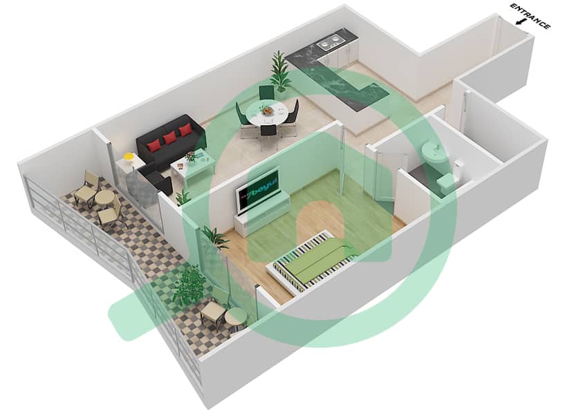 المخططات الطابقية لتصميم الوحدة 11 FLOOR 42-46 شقة 1 غرفة نوم - برج لافندر interactive3D