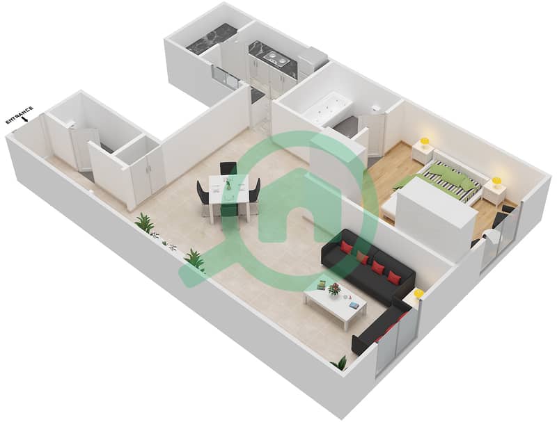 المخططات الطابقية لتصميم النموذج E شقة 1 غرفة نوم - مساكن سنتوريون interactive3D