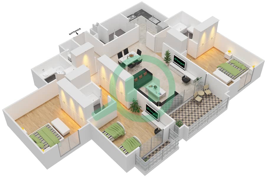 百夫长公寓 - 3 卧室公寓类型A戶型图 interactive3D