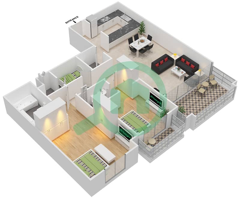 百夫长公寓 - 2 卧室公寓类型D戶型图 interactive3D