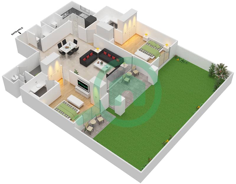 المخططات الطابقية لتصميم النموذج A GROUND شقة 2 غرفة نوم - مساكن سنتوريون interactive3D