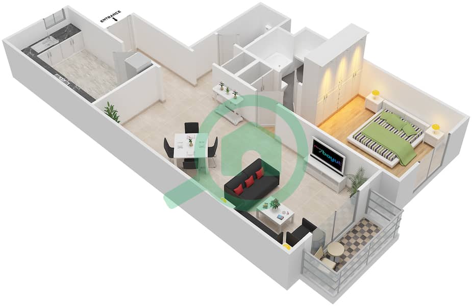 المخططات الطابقية لتصميم النموذج F شقة 1 غرفة نوم - مساكن سنتوريون interactive3D
