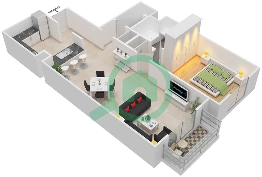 百夫长公寓 - 1 卧室公寓类型C戶型图 interactive3D