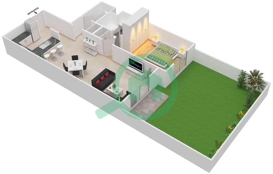 المخططات الطابقية لتصميم النموذج B GROUND شقة 1 غرفة نوم - مساكن سنتوريون interactive3D