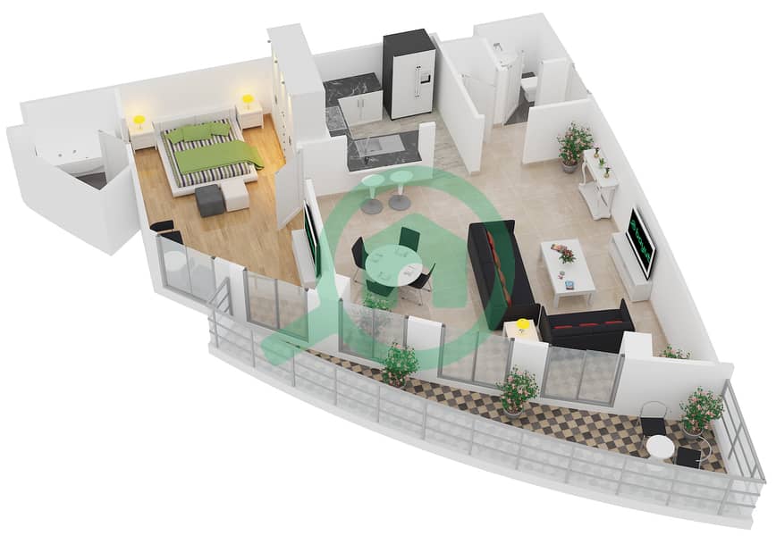 المخططات الطابقية لتصميم الوحدة 2 FLOOR 45-46,61-63 شقة 1 غرفة نوم - برج فيستا 1 interactive3D