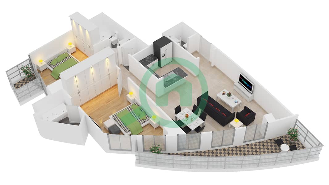Burj Vista 1 - 2 Bedroom Apartment Unit 2 FLOOR 26-44,47-60 Floor plan interactive3D