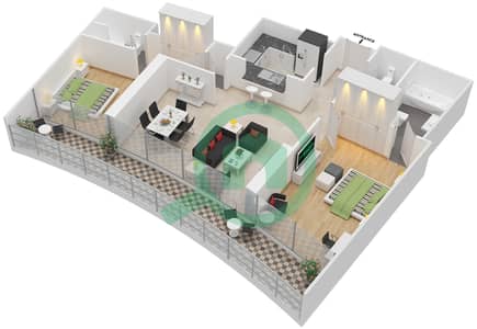 景观1号高塔 - 2 卧室公寓单位1 FLOOR-26-44,47-60戶型图