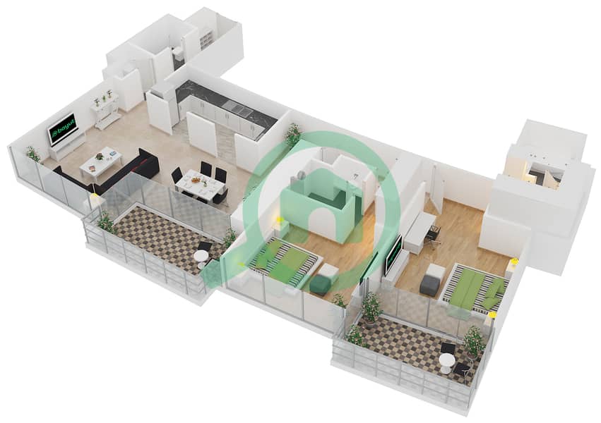 المخططات الطابقية لتصميم الوحدة 6 FLOOR 5,7,9,11,13,15,17 شقة 2 غرفة نوم - برج فيستا 1 interactive3D