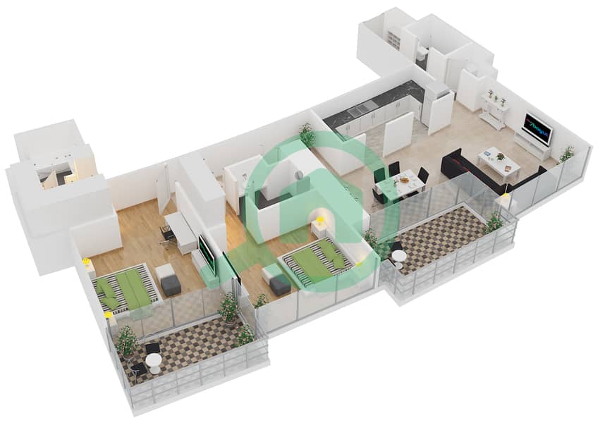 景观1号高塔 - 2 卧室公寓单位6 FLOOR 4,6,8,10,12,14,16戶型图 interactive3D