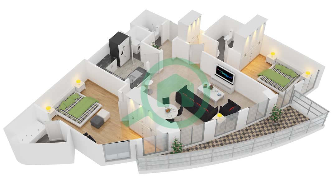 景观1号高塔 - 2 卧室公寓单位3 FLOOR 4-25戶型图 interactive3D