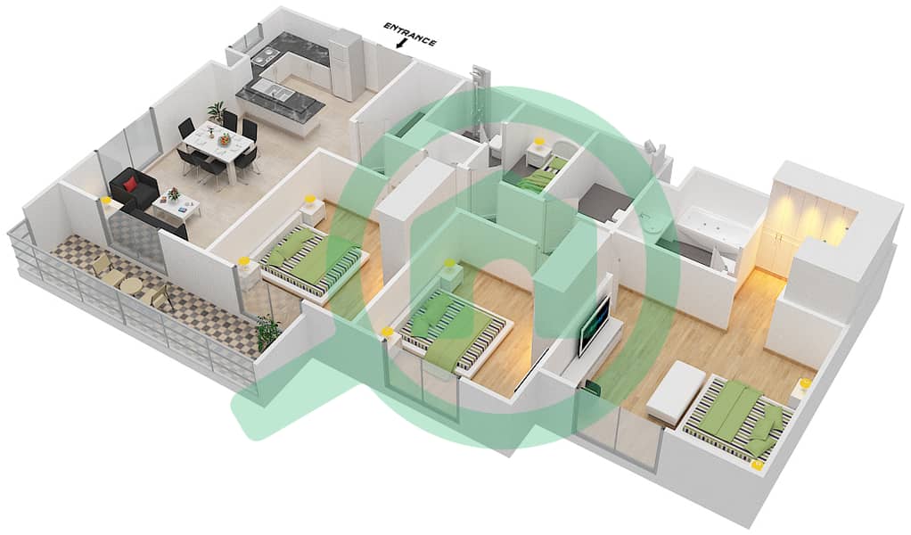 Safi Apartments 1B - 3 Bedroom Apartment Type 3C-4 Floor plan interactive3D