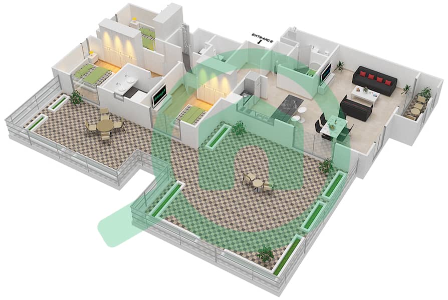 المخططات الطابقية لتصميم النموذج 3D-1 شقة 3 غرف نوم - شقق صافي 1B interactive3D