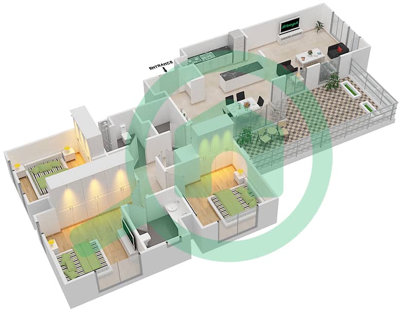 Сафи 1 - Апартамент 3 Cпальни планировка Тип 3E-1 interactive3D