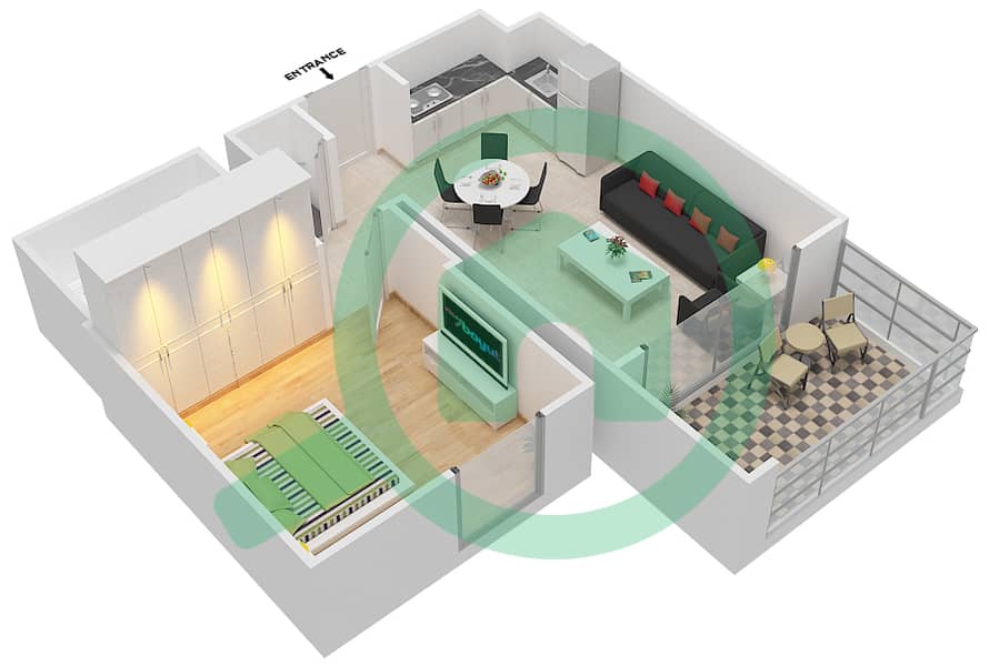 萨菲1号 - 1 卧室公寓类型1A-2戶型图 interactive3D