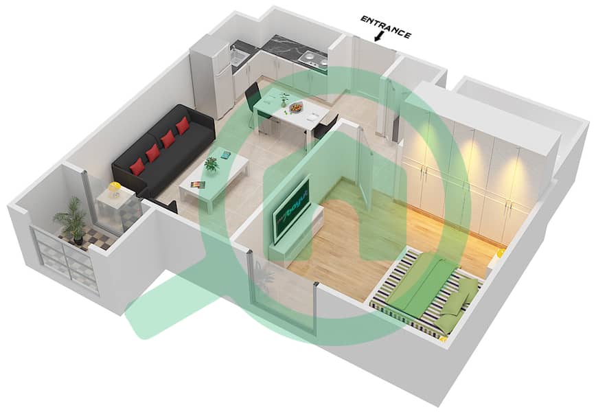 萨菲1号 - 1 卧室公寓类型1B-1戶型图 interactive3D