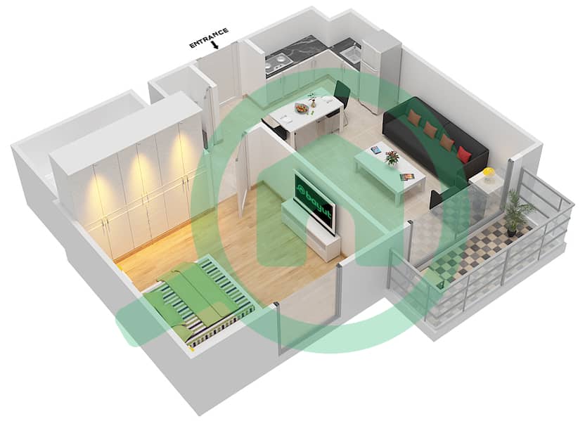 المخططات الطابقية لتصميم النموذج 1A-4 شقة 1 غرفة نوم - شقق صافي 1B interactive3D