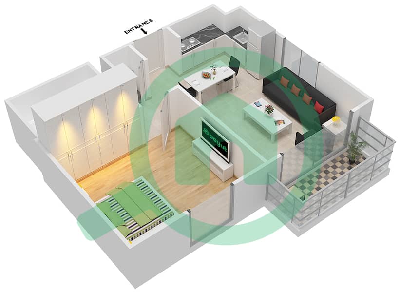 المخططات الطابقية لتصميم النموذج 1A-5 شقة 1 غرفة نوم - شقق صافي 1B interactive3D