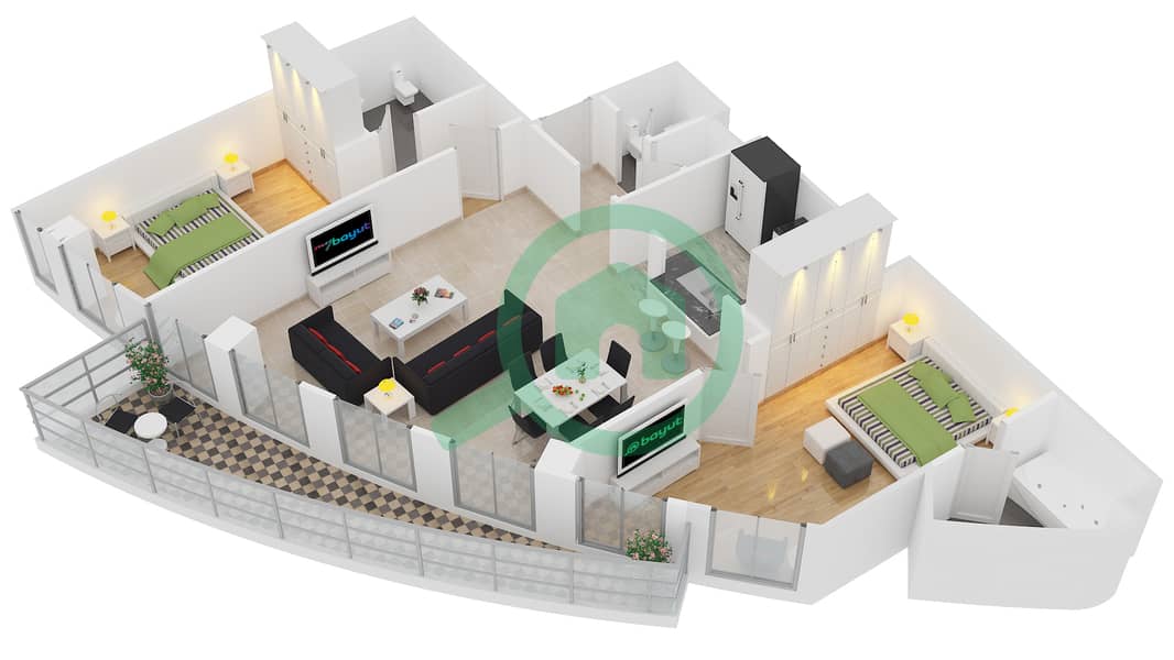 المخططات الطابقية لتصميم الوحدة 7 FLOOR 45,46 شقة 2 غرفة نوم - برج فيستا 1 interactive3D