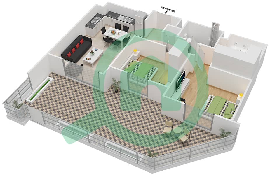 المخططات الطابقية لتصميم النموذج 2A-1 شقة 2 غرفة نوم - شقق صافي 1B interactive3D