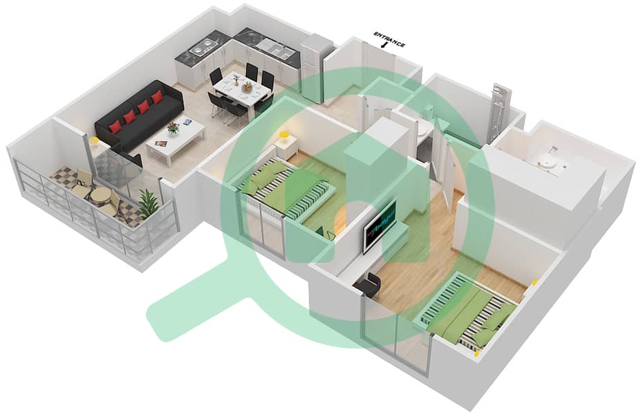 المخططات الطابقية لتصميم النموذج 2A-2 شقة 2 غرفة نوم - شقق صافي 1B interactive3D
