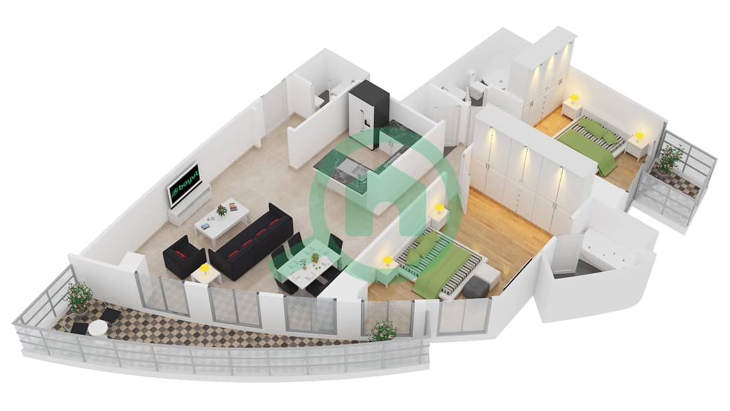 المخططات الطابقية لتصميم الوحدة 7 FLOOR 47-60 شقة 2 غرفة نوم - برج فيستا 1 interactive3D