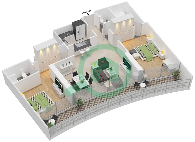 المخططات الطابقية لتصميم الوحدة 8 FLOOR-26-44 , 47-60 شقة 2 غرفة نوم - برج فيستا 1 interactive3D