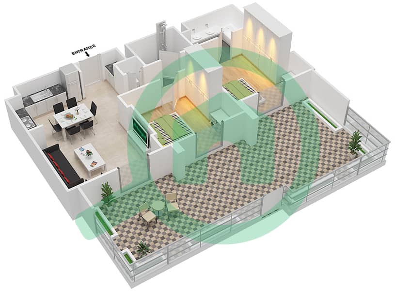 萨菲1号 - 2 卧室公寓类型2B-2戶型图 interactive3D