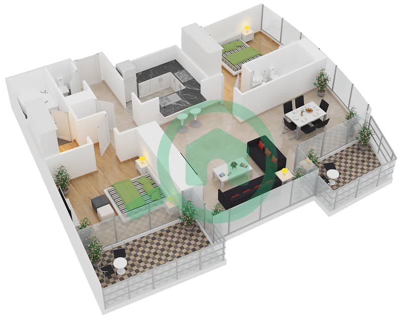 المخططات الطابقية لتصميم الوحدة 6 FLOOR 27,29,31,33,35,37 شقة 2 غرفة نوم - برج فيستا 1 interactive3D