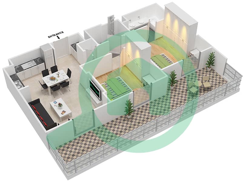 المخططات الطابقية لتصميم النموذج 2B-4 شقة 2 غرفة نوم - شقق صافي 1B interactive3D