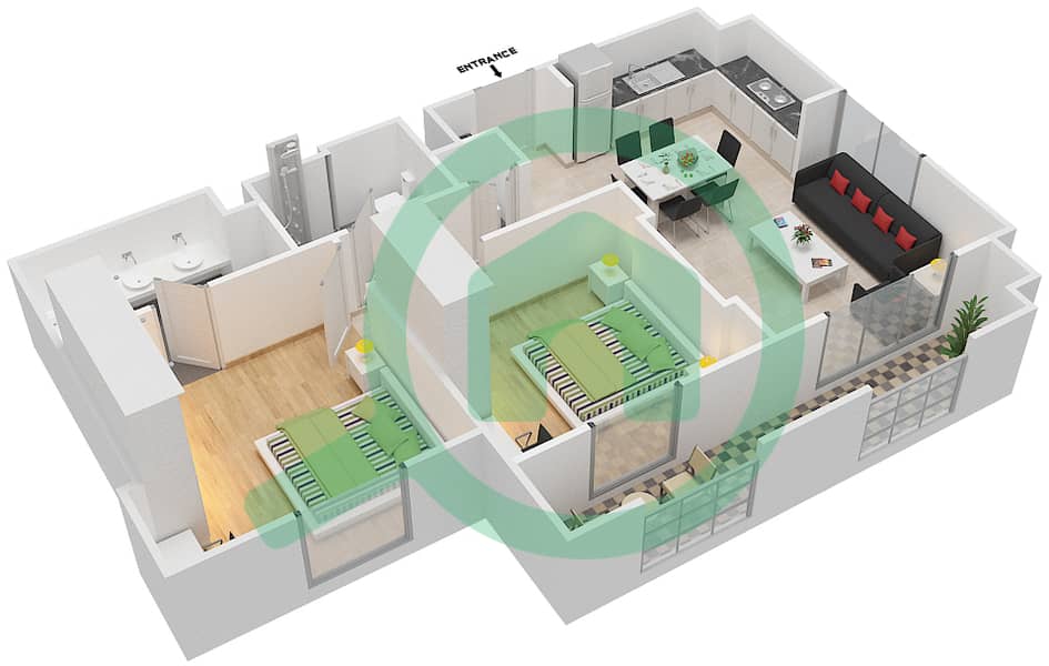 Сафи 1 - Апартамент 2 Cпальни планировка Тип 2B-6 interactive3D