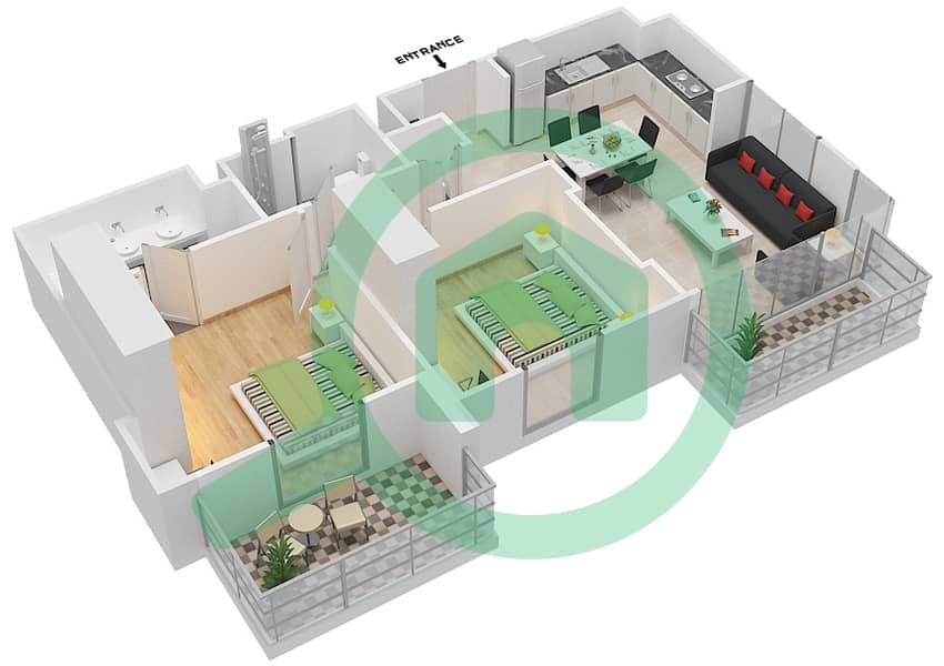 المخططات الطابقية لتصميم النموذج 2B-5 شقة 2 غرفة نوم - شقق صافي 1B interactive3D