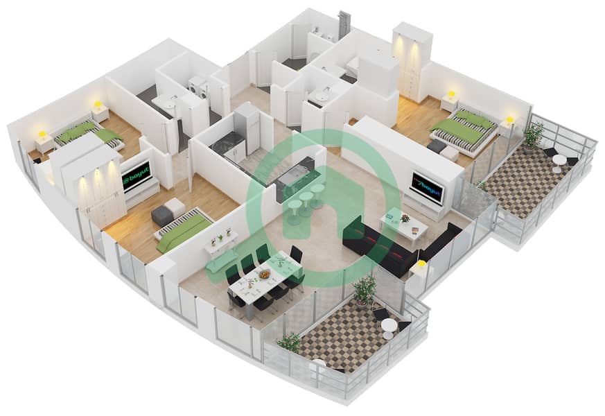 景观1号高塔 - 3 卧室公寓单位3 FLOOR 26,28,30,32,34,36戶型图 interactive3D