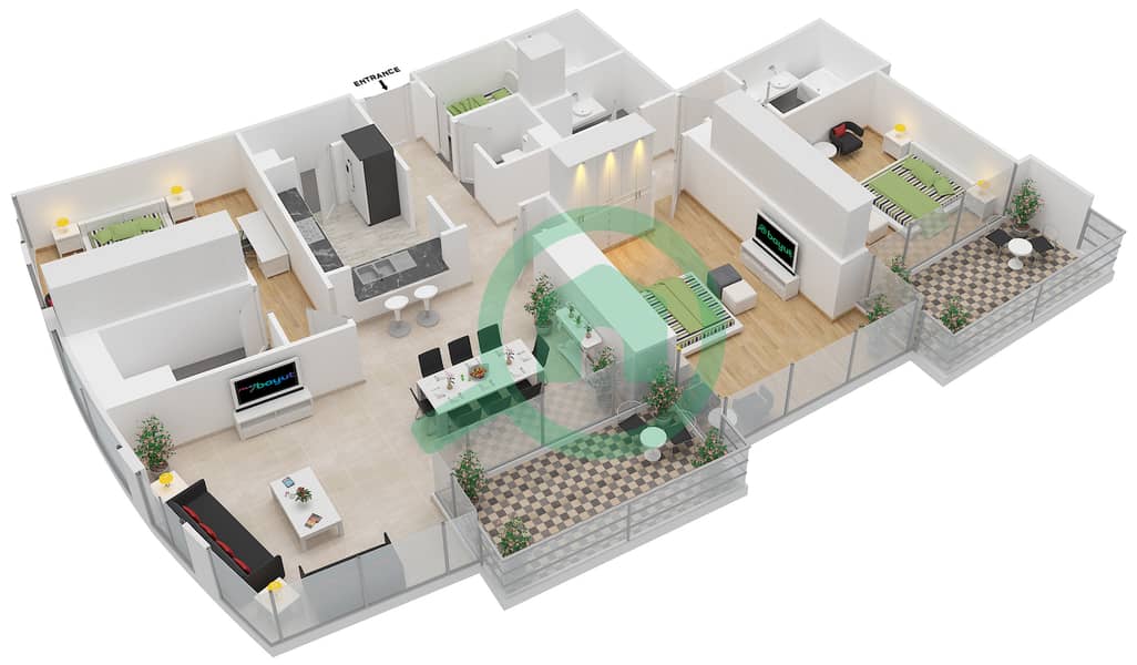 المخططات الطابقية لتصميم الوحدة 4 FLOOR 5,7,9,11,13,15,17 شقة 3 غرف نوم - برج فيستا 1 interactive3D