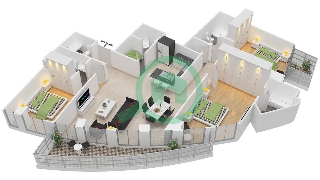 景观1号高塔 - 3 卧室公寓单位7 FLOOR 26-44戶型图 interactive3D