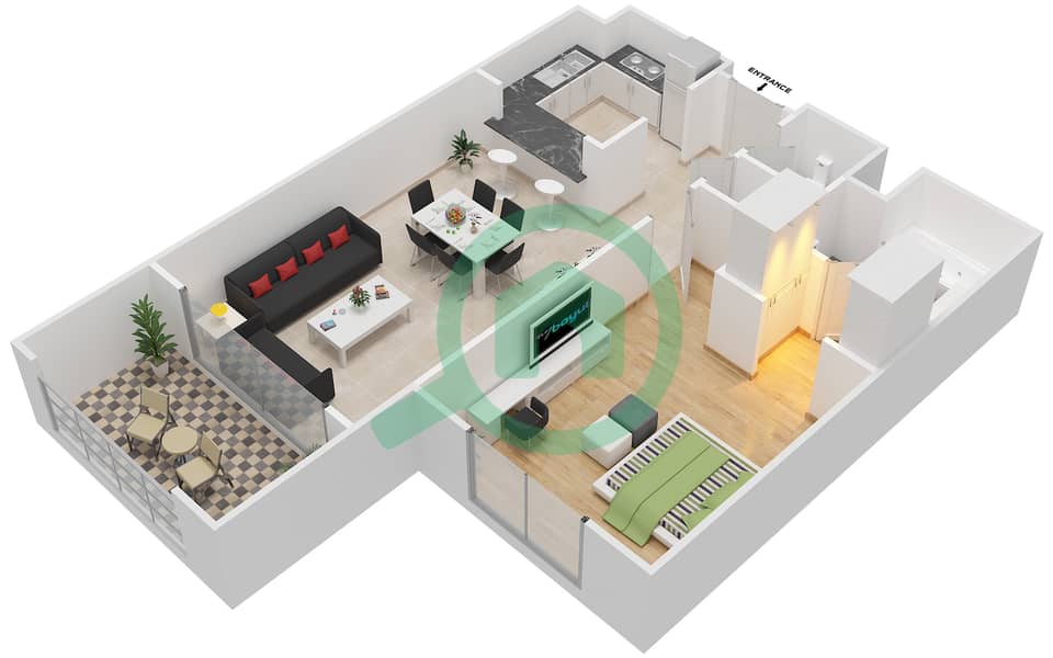 المخططات الطابقية لتصميم النموذج A-ANSAM 4 شقة 1 غرفة نوم - أنسام interactive3D