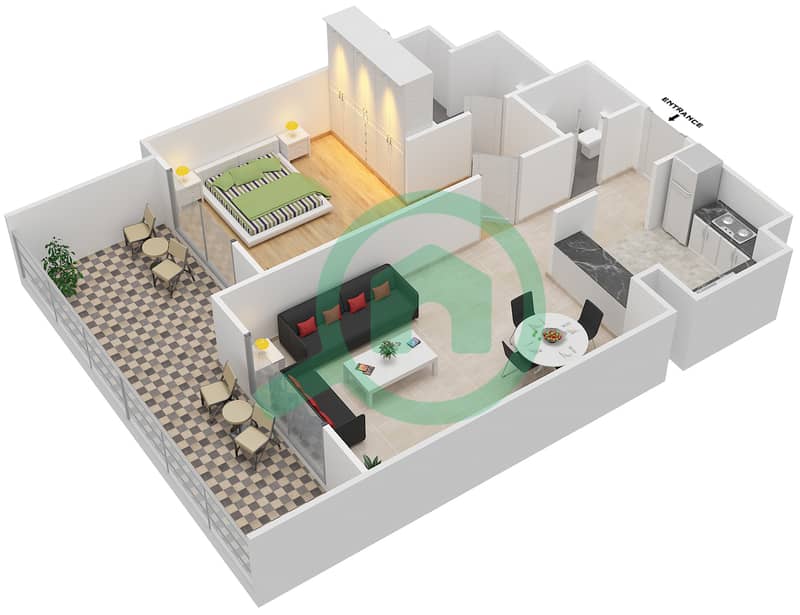 المخططات الطابقية لتصميم النموذج 2B شقة 1 غرفة نوم - شيرينا ريزيدينس interactive3D