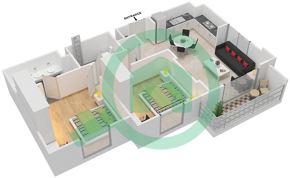 المخططات الطابقية لتصميم النموذج 2B-7 شقة 2 غرفة نوم - شقق صافي 1B interactive3D