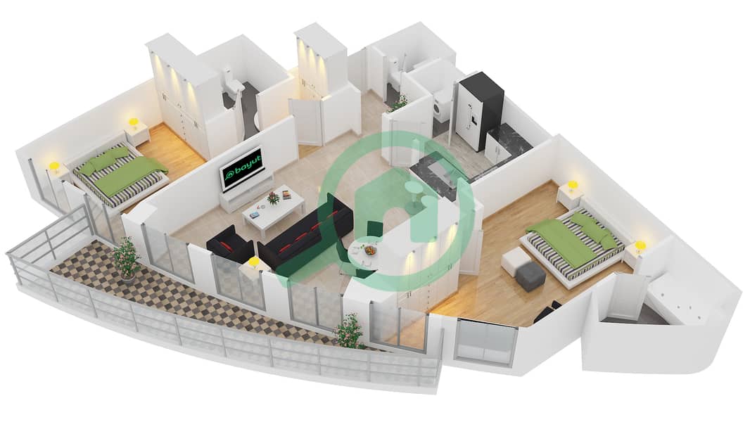 景观1号高塔 - 2 卧室公寓单位9 FLOOR 4-25戶型图 interactive3D