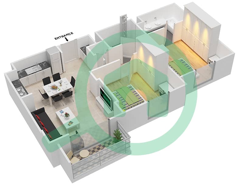 المخططات الطابقية لتصميم النموذج 2B-9 شقة 2 غرفة نوم - شقق صافي 1B interactive3D