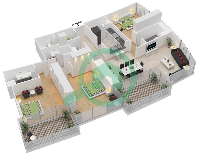 المخططات الطابقية لتصميم الوحدة 8 FLOOR 4,6,8,10,12,14,16 شقة 3 غرف نوم - برج فيستا 1 interactive3D