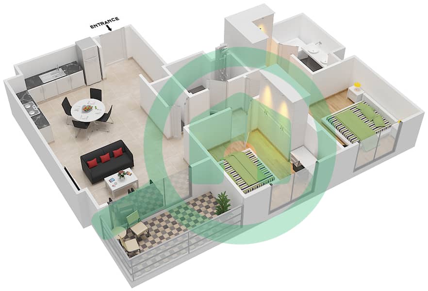 المخططات الطابقية لتصميم النموذج 2C-1 شقة 2 غرفة نوم - شقق صافي 1B interactive3D
