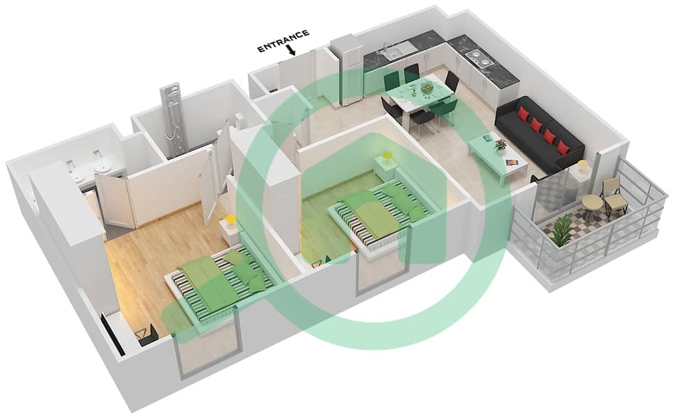 萨菲1号 - 2 卧室公寓类型2D- 2戶型图 interactive3D