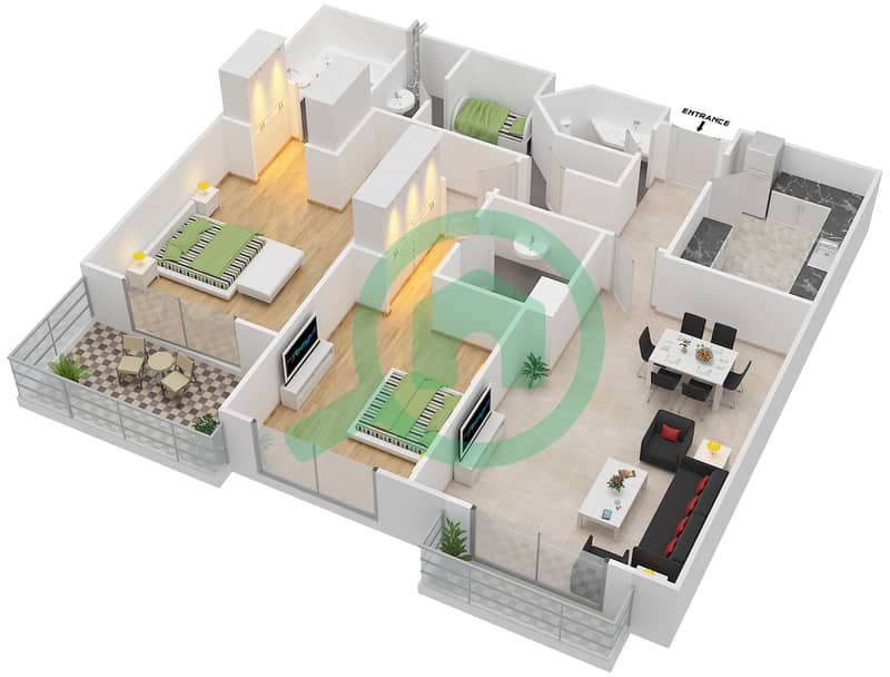 Ритадж (Жилой Комплекс) - Апартамент 2 Cпальни планировка Тип C interactive3D