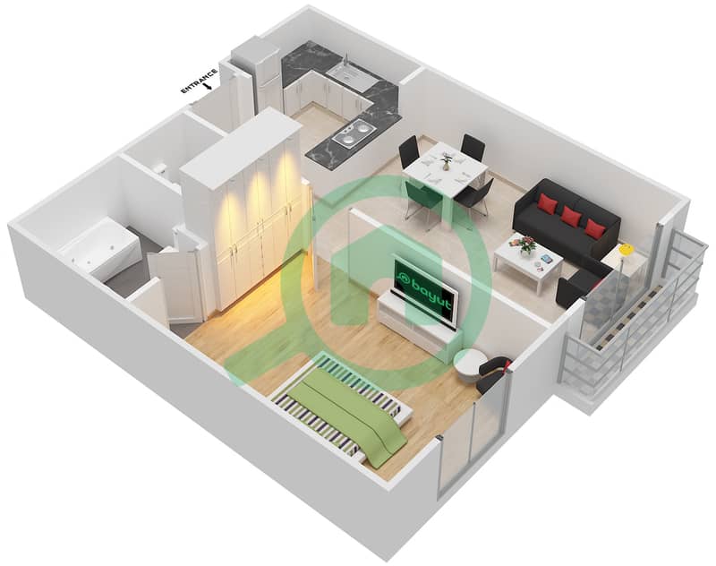 المخططات الطابقية لتصميم النموذج B شقة 1 غرفة نوم - ريتاج (المجمع السكني) interactive3D