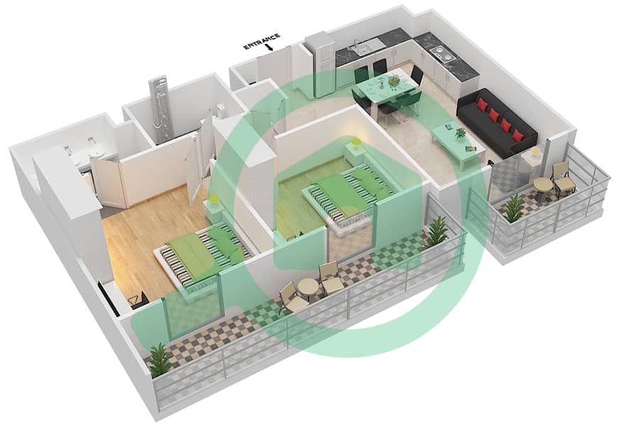 المخططات الطابقية لتصميم النموذج 2D-1 شقة 2 غرفة نوم - شقق صافي 1B interactive3D