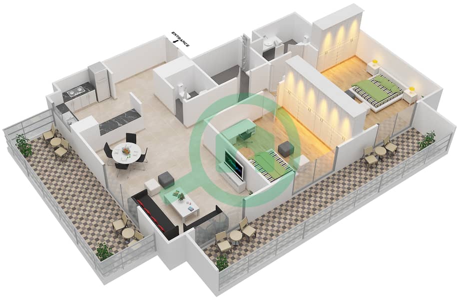 Шерена Резиденс - Апартамент 2 Cпальни планировка Тип 1 interactive3D