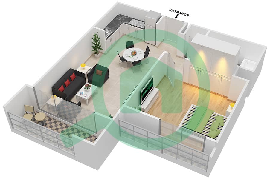 المخططات الطابقية لتصميم النموذج / الوحدة 1B شقة 1 غرفة نوم - شقق الروضة interactive3D