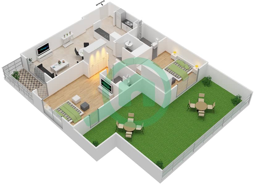 المخططات الطابقية لتصميم النموذج 2A شقة 2 غرفة نوم - شيرينا ريزيدينس interactive3D