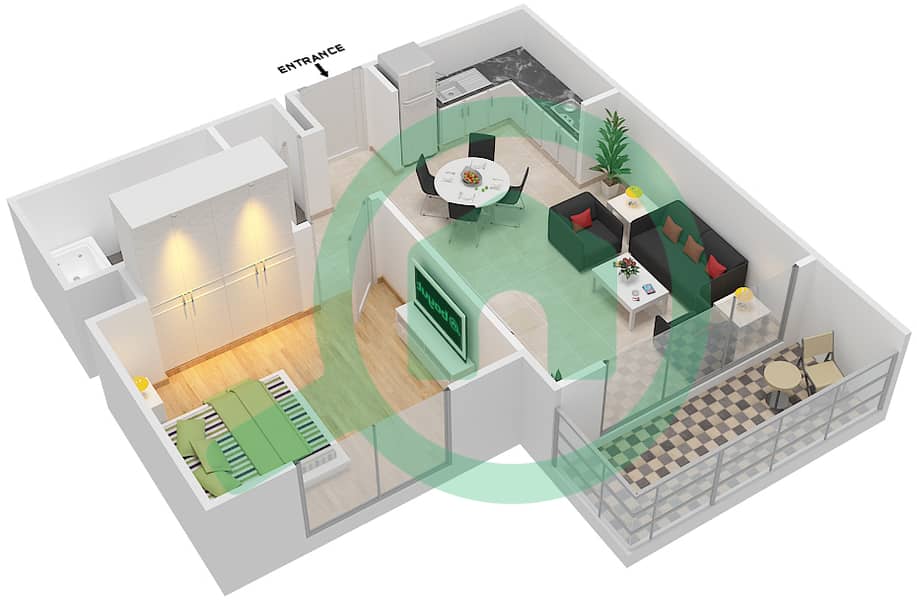 المخططات الطابقية لتصميم النموذج / الوحدة 1A شقة 1 غرفة نوم - شقق الروضة interactive3D
