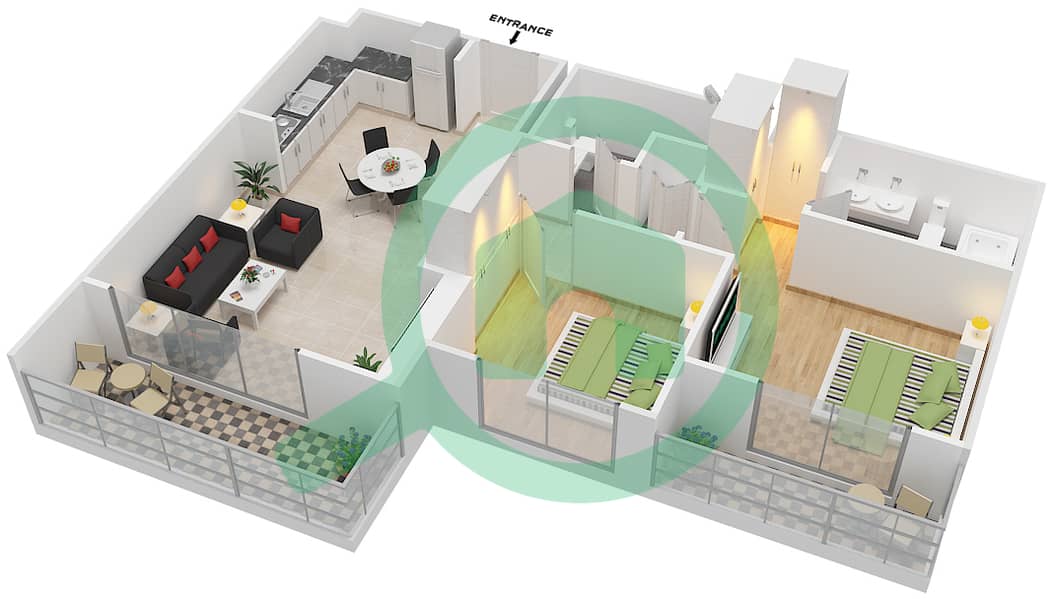 المخططات الطابقية لتصميم النموذج / الوحدة 2A شقة 2 غرفة نوم - شقق الروضة interactive3D